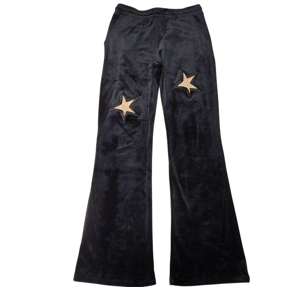 Paris Hilton Womens Black Velour Star Patch Cutout Wide Leg Pants Size M Y2K